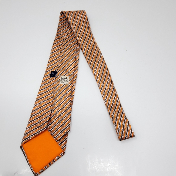 Hermes colorful Orange/grey belt and bit printed 100% Silk tie Exce. Condition - Picture 3 of 10